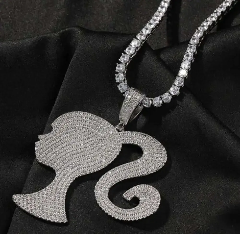 Barbie Necklace, Iced Out Doll Head Necklace , Barbie Tennis Necklace